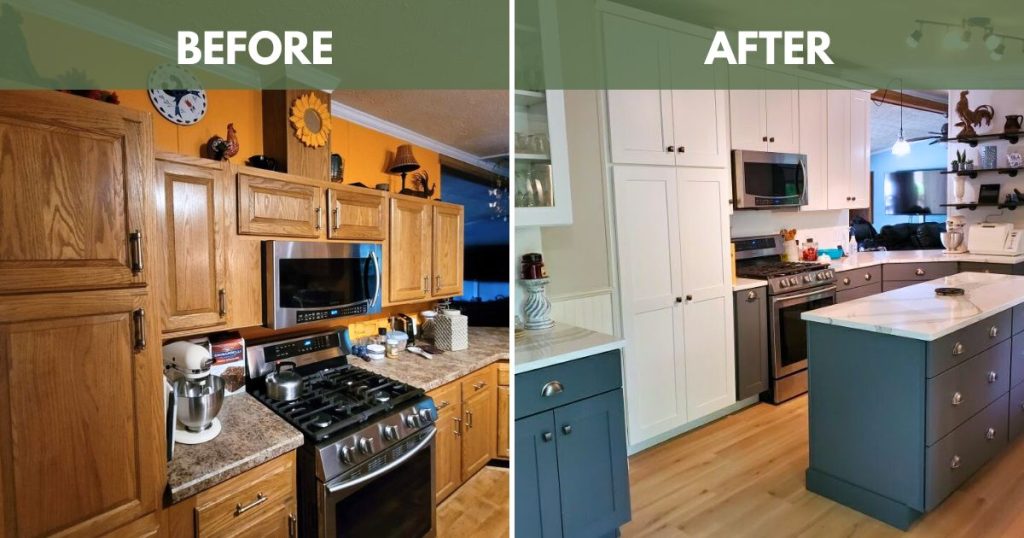 left before image of orange toned wood cabinets vs right after image of white and blue new cabinet installations